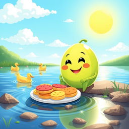 A whimsical scene of a cheerful honeydew melon character with a happy face, sitting on the edge of a serene lake, surrounded by vibrant greenery