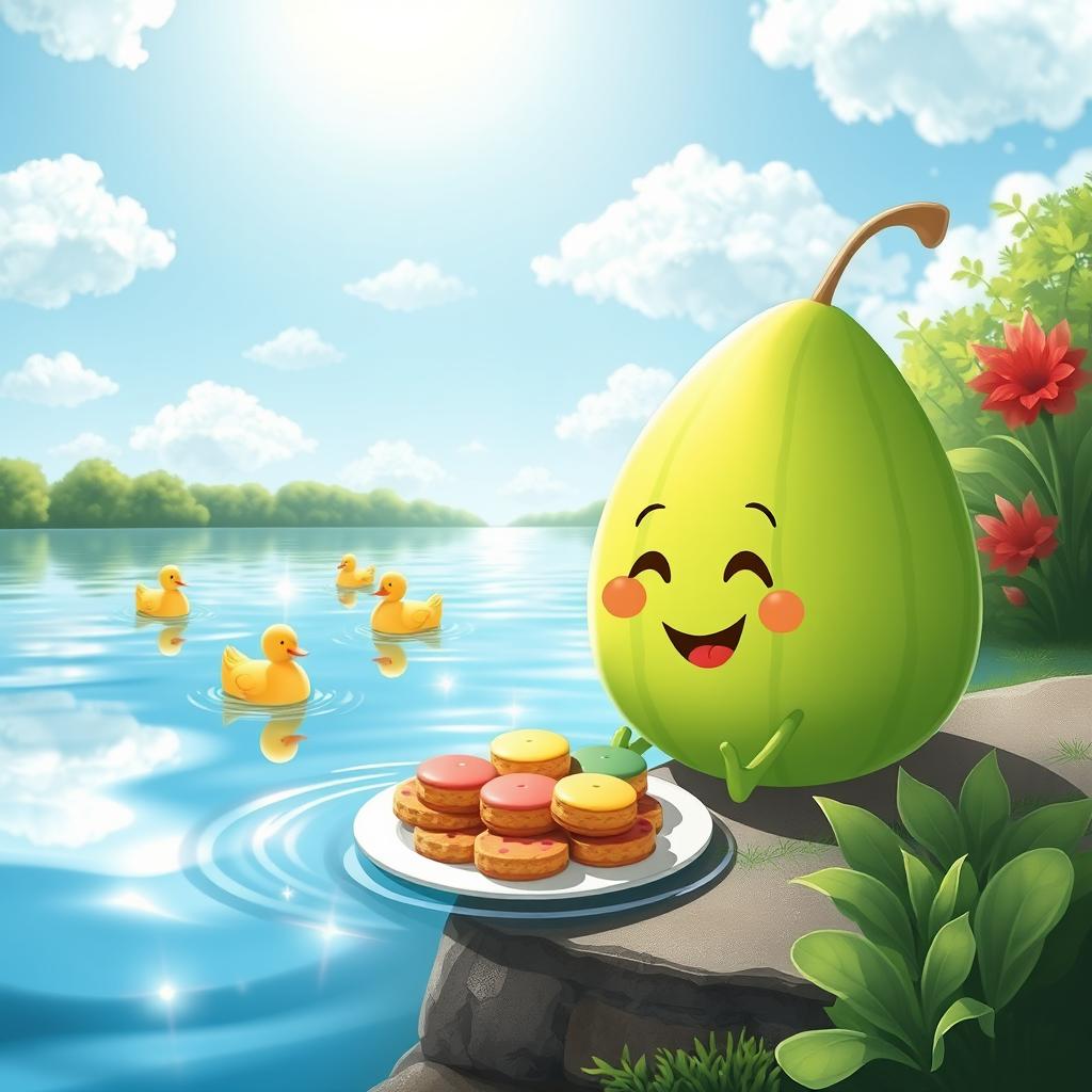 A whimsical scene of a cheerful honeydew melon character with a happy face, sitting on the edge of a serene lake, surrounded by vibrant greenery