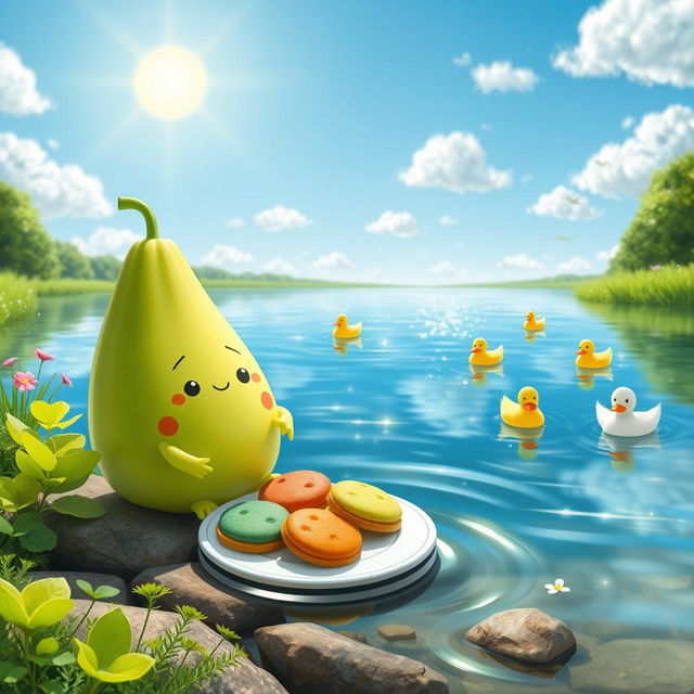 A whimsical scene of a cheerful honeydew melon character with a happy face, sitting on the edge of a serene lake, surrounded by vibrant greenery