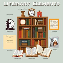 Conceptual library illustrating various literary elements: Anachronism represented by a broken clock, symbolizing time disruption