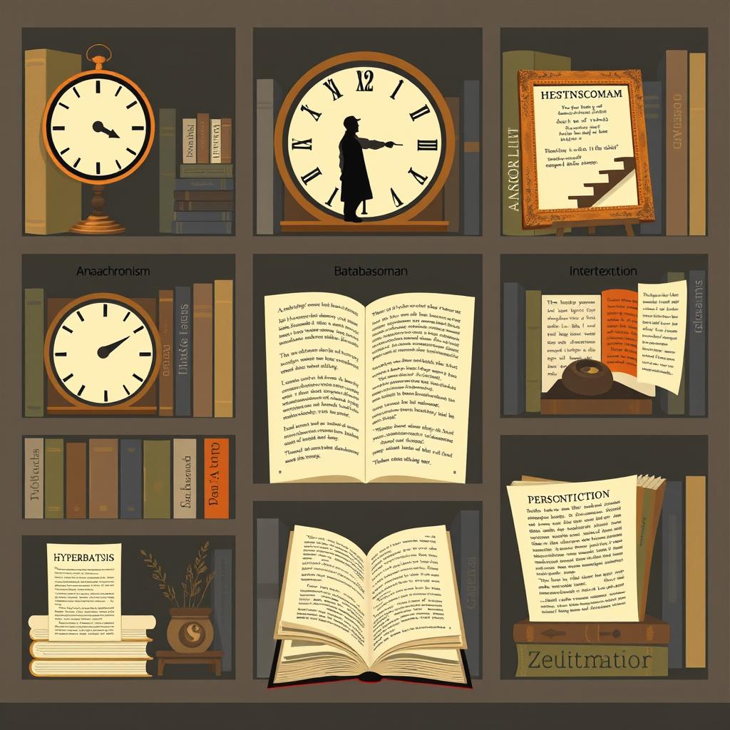 Conceptual library illustrating various literary elements: Anachronism represented by a broken clock, symbolizing time disruption