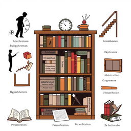 Conceptual library illustrating various literary elements: Anachronism represented by a broken clock, symbolizing time disruption