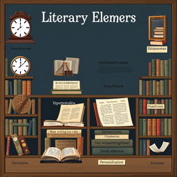 Conceptual library illustrating various literary elements: Anachronism represented by a broken clock, symbolizing time disruption