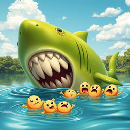 A whimsical and humorous scene of a honeydew melon shark with exaggerated cartoonish features, emerging from a tranquil lake, its mouth wide open in a playful attempt to eat a group of horrified biscuit characters, who are showing expressions of shock and fear