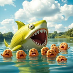 A whimsical and humorous scene of a honeydew melon shark with exaggerated cartoonish features, emerging from a tranquil lake, its mouth wide open in a playful attempt to eat a group of horrified biscuit characters, who are showing expressions of shock and fear