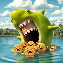 A whimsical and humorous scene of a honeydew melon shark with exaggerated cartoonish features, emerging from a tranquil lake, its mouth wide open in a playful attempt to eat a group of horrified biscuit characters, who are showing expressions of shock and fear