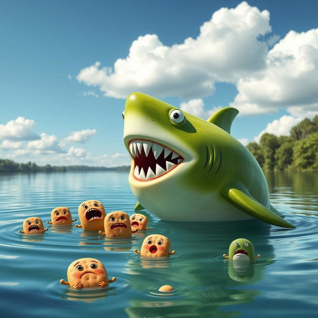 A whimsical and humorous scene of a honeydew melon shark with exaggerated cartoonish features, emerging from a tranquil lake, its mouth wide open in a playful attempt to eat a group of horrified biscuit characters, who are showing expressions of shock and fear