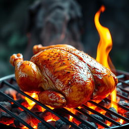 A realistic high-definition digital art image of a roasted chicken on a grill, showcasing burning charcoal and flames that create a mouth-watering atmosphere