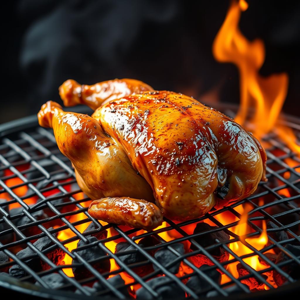 A realistic high-definition digital art image of a roasted chicken on a grill, showcasing burning charcoal and flames that create a mouth-watering atmosphere