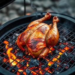 A realistic high-definition digital art image of a roasted chicken on a grill, showcasing burning charcoal and flames that create a mouth-watering atmosphere
