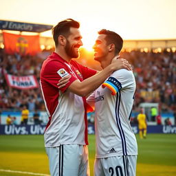 A heartwarming scene of two legendary soccer players, Lionel Messi and Cristiano Ronaldo, embracing each other on a football field
