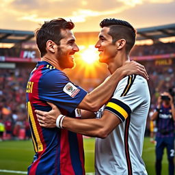 A heartwarming scene of two legendary soccer players, Lionel Messi and Cristiano Ronaldo, embracing each other on a football field