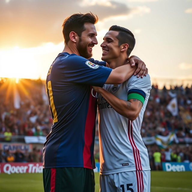 A heartwarming scene of two legendary soccer players, Lionel Messi and Cristiano Ronaldo, embracing each other on a football field