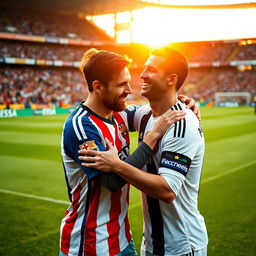A heartwarming scene of two legendary soccer players, Lionel Messi and Cristiano Ronaldo, embracing each other on a football field