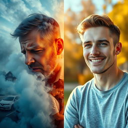 A split image depicting a stark contrast between two sides of a man's life