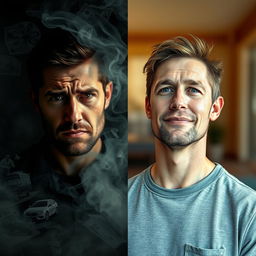 A split image depicting a stark contrast between two sides of a man's life