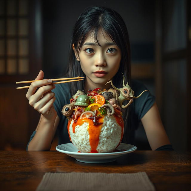 A young woman with a curious expression, seated at a traditional wooden table, trying to eat an unusual dish consisting of rice topped with bizarre, creepy-looking food items