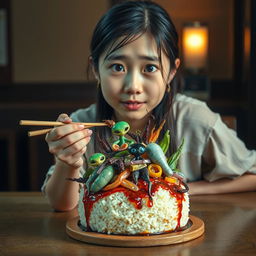 A young woman with a curious expression, seated at a traditional wooden table, trying to eat an unusual dish consisting of rice topped with bizarre, creepy-looking food items