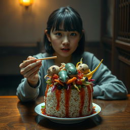A young woman with a curious expression, seated at a traditional wooden table, trying to eat an unusual dish consisting of rice topped with bizarre, creepy-looking food items