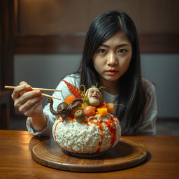 A young woman with a curious expression, seated at a traditional wooden table, trying to eat an unusual dish consisting of rice topped with bizarre, creepy-looking food items