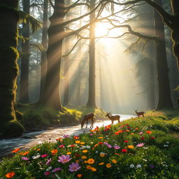 A serene forest scene during the early morning hours