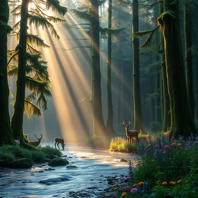 A serene forest scene during the early morning hours