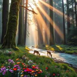 A serene forest scene during the early morning hours