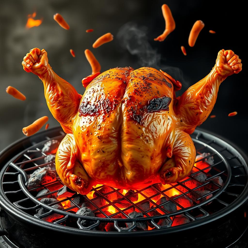 A realistic high-definition digital art image of a roasted chicken on a grill, showcasing burning charcoal and flames that create a mouth-watering atmosphere