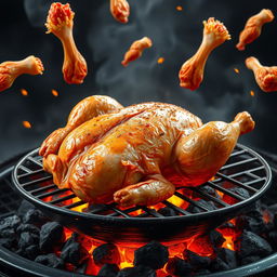 A realistic high-definition digital art image of a roasted chicken on a grill, showcasing burning charcoal and flames that create a mouth-watering atmosphere