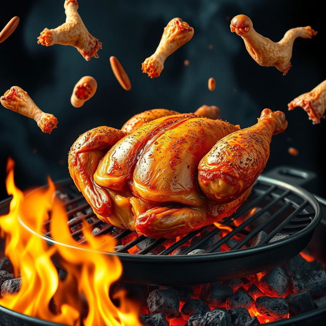 A realistic high-definition digital art image of a roasted chicken on a grill, showcasing burning charcoal and flames that create a mouth-watering atmosphere