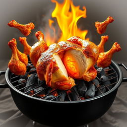 A realistic high-definition digital art image of a roasted chicken on a grill, showcasing burning charcoal and flames that create a mouth-watering atmosphere