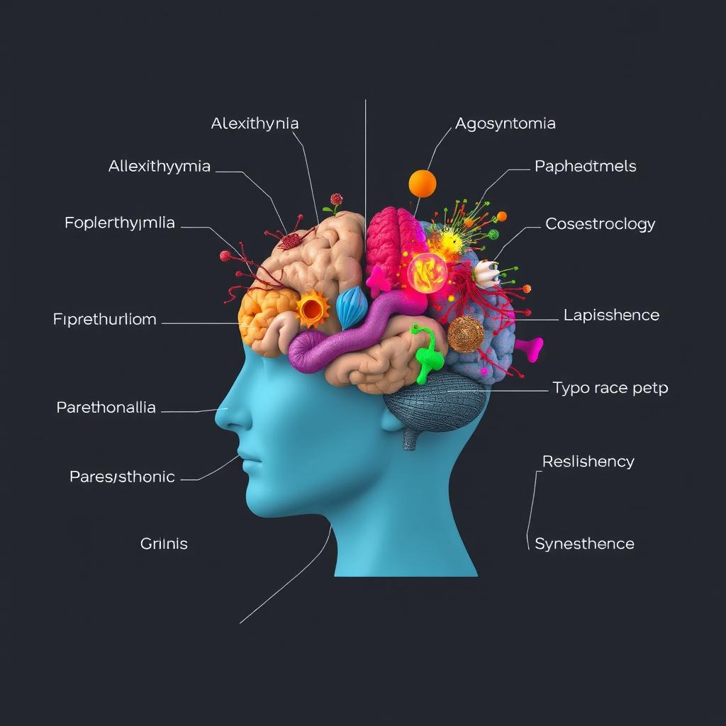 A visual representation of psychological elements: For Alexithymia, show a brain with blocked emotions depicted as barriers or walls