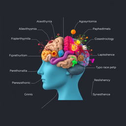 A visual representation of psychological elements: For Alexithymia, show a brain with blocked emotions depicted as barriers or walls