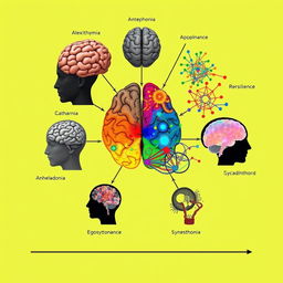 A visual representation of psychological elements: For Alexithymia, show a brain with blocked emotions depicted as barriers or walls