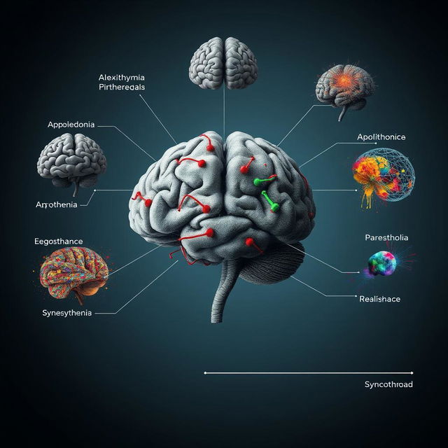 A visual representation of psychological elements: For Alexithymia, show a brain with blocked emotions depicted as barriers or walls