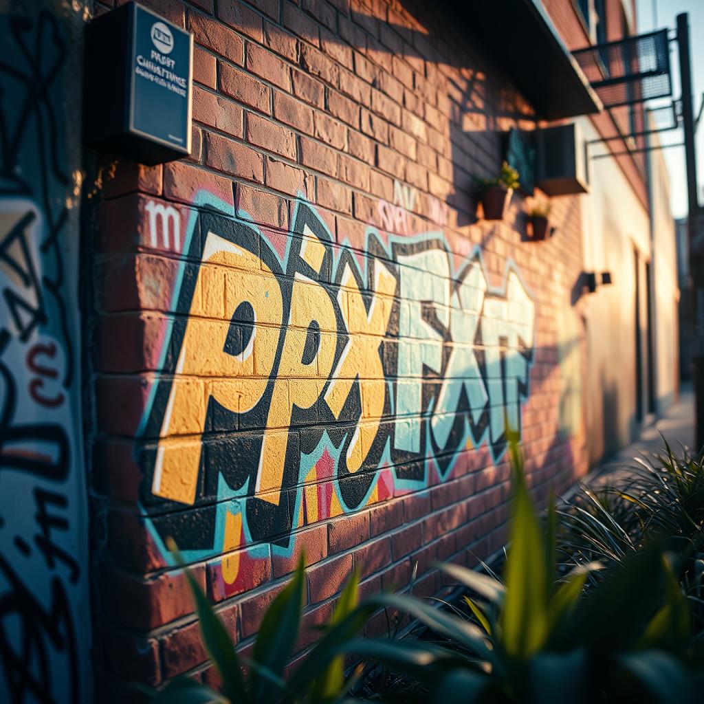 A close-up shot of a stylish graffiti mural on a brick wall, featuring vibrant colors and artistic lettering that reads 'pxp' and 'fxf'