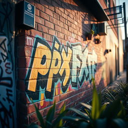 A close-up shot of a stylish graffiti mural on a brick wall, featuring vibrant colors and artistic lettering that reads 'pxp' and 'fxf'