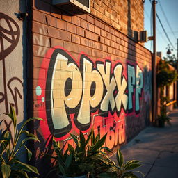 A close-up shot of a stylish graffiti mural on a brick wall, featuring vibrant colors and artistic lettering that reads 'pxp' and 'fxf'