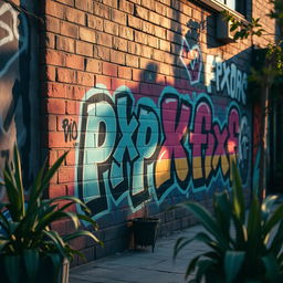 A close-up shot of a stylish graffiti mural on a brick wall, featuring vibrant colors and artistic lettering that reads 'pxp' and 'fxf'