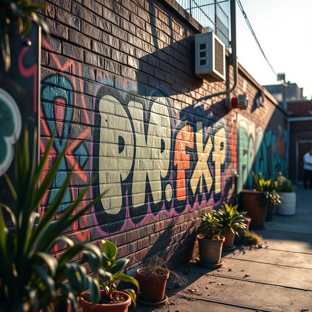 A close-up shot of a stylish graffiti mural on a brick wall, featuring vibrant colors and artistic lettering that reads 'pxp' and 'fxf'