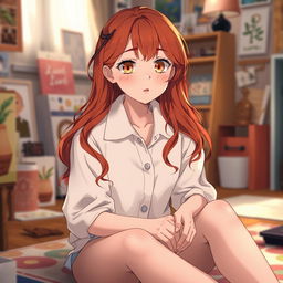 A 20-year-old red-haired girl with long wavy hair and honey-colored eyes, sitting on the floor while understanding a white button-up blouse inspired by anime aesthetics