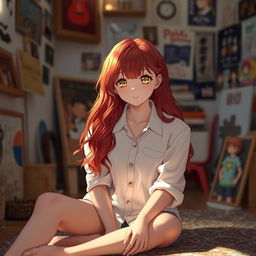 A 20-year-old red-haired girl with long wavy hair and honey-colored eyes, sitting on the floor while understanding a white button-up blouse inspired by anime aesthetics
