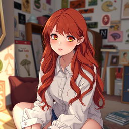 A 20-year-old red-haired girl with long wavy hair and honey-colored eyes, sitting on the floor while understanding a white button-up blouse inspired by anime aesthetics