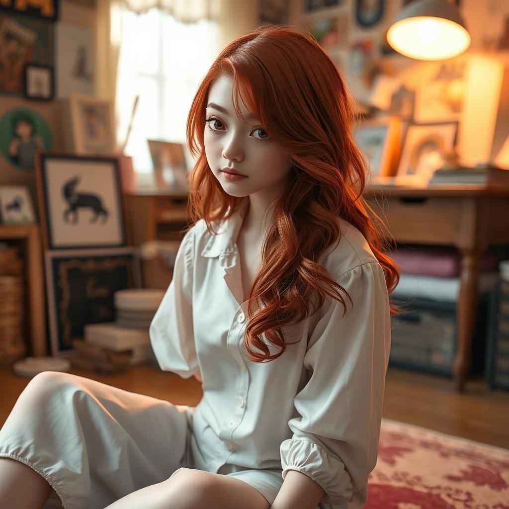A 20-year-old red-haired girl with long wavy hair and honey-colored eyes, sitting on the floor while understanding a white button-up blouse inspired by anime aesthetics