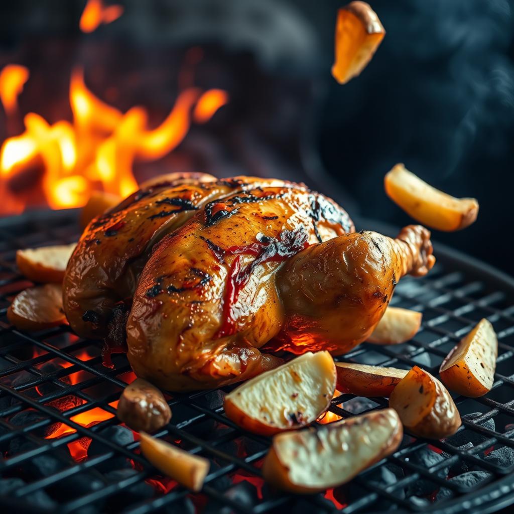 A super realistic high-definition image of a roasted chicken on a grill, with visible burning charcoal and vibrant flames creating an enticing atmosphere
