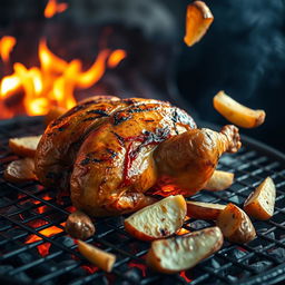 A super realistic high-definition image of a roasted chicken on a grill, with visible burning charcoal and vibrant flames creating an enticing atmosphere