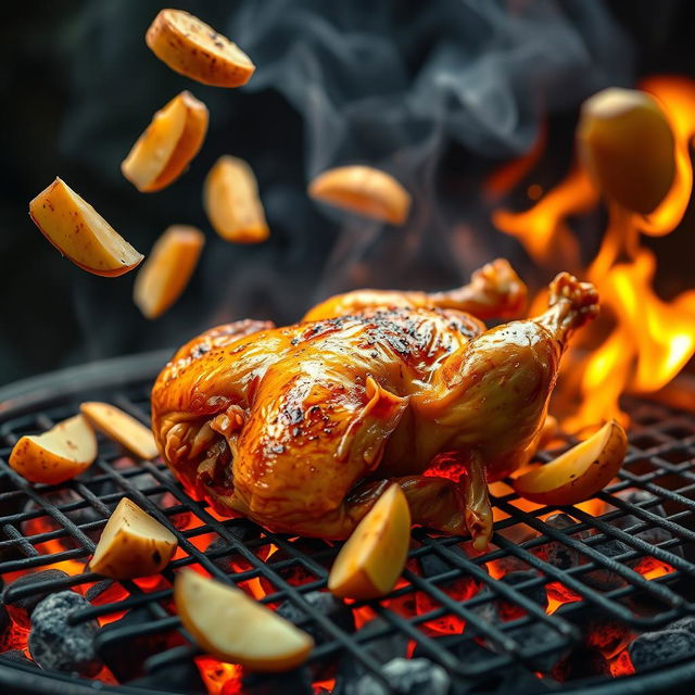 A super realistic high-definition image of a roasted chicken on a grill, with visible burning charcoal and vibrant flames creating an enticing atmosphere