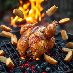 A super realistic high-definition image of a roasted chicken on a grill, with visible burning charcoal and vibrant flames creating an enticing atmosphere