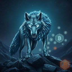 A fierce and majestic wolf symbolizing the crypto world, standing on a rocky terrain under a starry sky