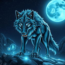 A fierce and majestic wolf symbolizing the crypto world, standing on a rocky terrain under a starry sky